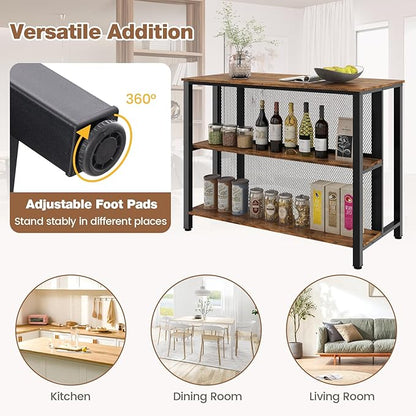 COSTWAY Home Bar Unit, 3-Tier Bar Table with Storage Shelves, Metal Frame, Adjustable Foot Pads, Breakfast Corner Bar Cabinet for Kitchen Island Dining Room (Rustic Brown)