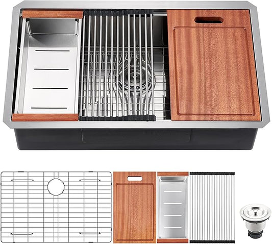 30-inch Workstation Undermount Kitchen Sink - CELAENO Handmade Stainless Steel Kitchen Sink 18 Gauge with Ledge, R10 Radius Corners Single Bowl Kitchen Sinks is equipped with various accessories