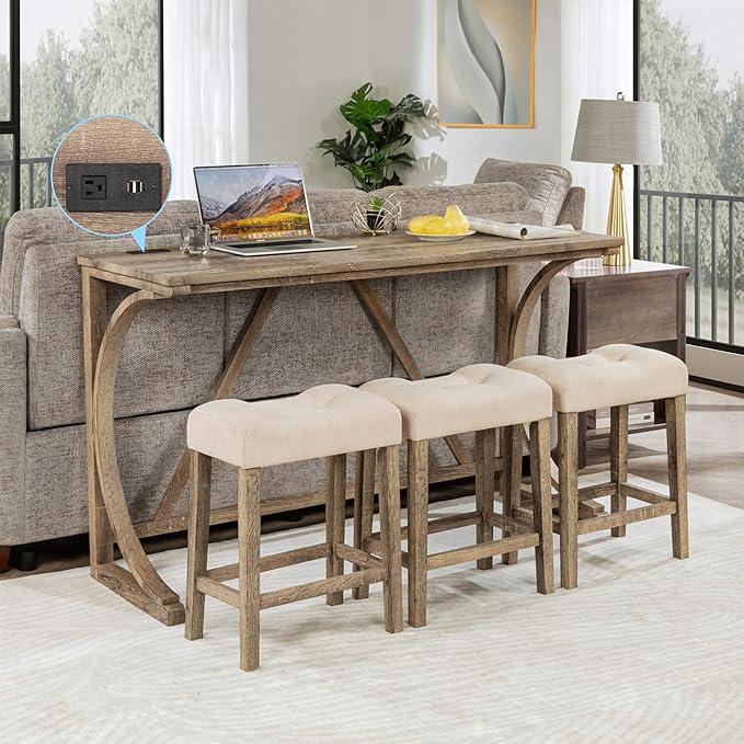 Polibi 4-Piece Farmhouse Counter Height Dining Set,Bar Table and Chairs Set,Bar Table with Power Outlet and 3 Padded Saddle Seat Stools for Living Room,Dining Room,Game Room,Brown