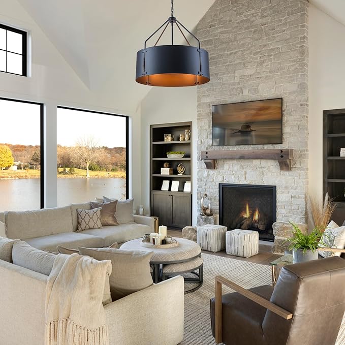 Drum Chandeliers for Dining Room,22 in Black Metal Dining Room Light Fixture Over Table, Industrial Modern Farmhouse Pendant Light for Kitchen,Entryway,Living Room