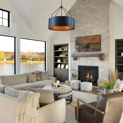 Drum Chandeliers for Dining Room,22 in Black Metal Dining Room Light Fixture Over Table, Industrial Modern Farmhouse Pendant Light for Kitchen,Entryway,Living Room