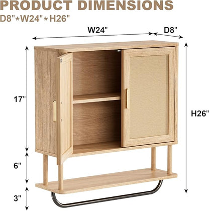 INNOD Rattan Bathroom Wall Cabinet with Towel Bar, Wall-Mounted Medicine Cabinet with Adjustable Wood Shelf & Doors, Over The Toilet Storage Cabinet for Laundry Room & Kitchen & Living Room