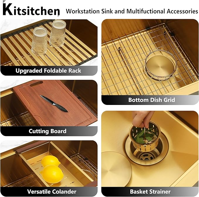 Kitsitchen Gold Undermount Kitchen Sink,16 Gauge SUS304 Stainless Steel Workstation Sink with Accessories, 28 Inch Single Bowl Kitchen Sinks with Round Corner & Offset Drain Design(28" X 18"X 10")
