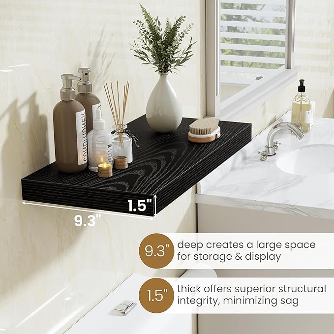 Fun Memories 72 Inch Long Floating Shelves for Wall, 72x9.3 Large Floating Shelf for Bedroom, Kitchen, Bathroom, Wall Mounted Rustic Wood Shelves with Invisible Bracket for Books, Decor, Black