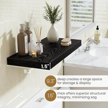 Fun Memories 48 Inch Floating Shelves in Black, 9.3 Inch Deep Wall Shelves for Bathroom, Living Room, Bedroom, Kitchen, Deep Long Shelf Wall Mounted 1 Pack Shelf for Books, Decor
