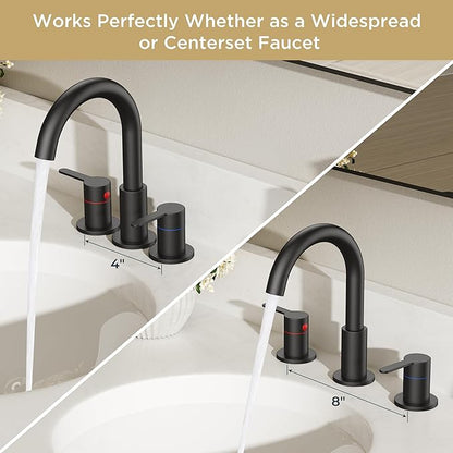 QFN Matte Black Bathroom Faucets 3 Hole, 8 Inch Widespread Vanity Sink Faucet with Aerator, 2 Handle 360° Swivel High Arc Spout, Spot-Free Finish, cUPC NSF Certified and CEC & DOE Compliant