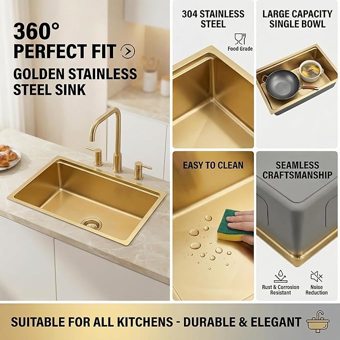MILOSEN 32 Inch Gold Undermount Kitchen Sink, 32" x 18" Gold Workstation Sinks, Stainless Steel Single Bowl Sink with Custom Accessories, Modern Under Counter Design, 9'' Large and Deep Kitchen Sinks