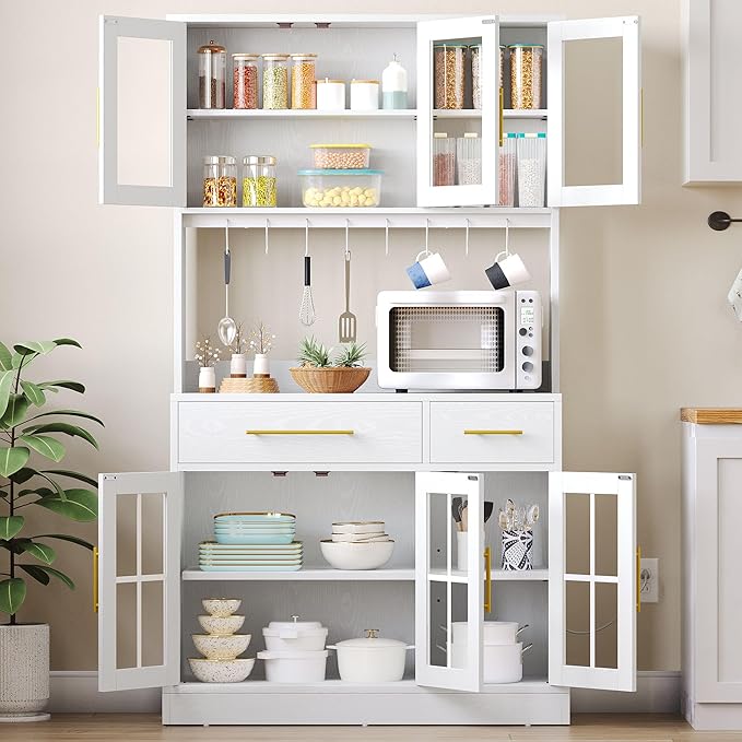 DWVO Kitchen Pantry Storage Cabinet with Microwave Stand, 71'' Tall Kitchen Hutch Cabinets with Power Outlet, Modern Food Pantry Hutch with Drawers ＆ Shelves for Home, White Oak