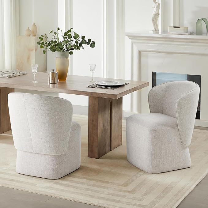 KISLOT Upholstered Dining Chairs with Wheels, No Assembly Stain Resistant Fabric Modern Barrel Armchair with Casters, Dining Room Chairs for Kitchen Living Room Bedroom, Linen, Set of 1