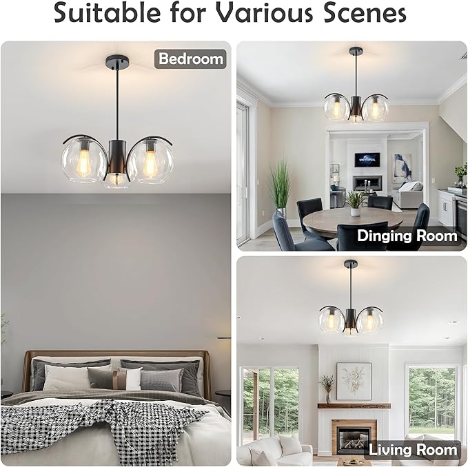 3-Light Black Chandelier with Downward Arched Arms, Modern Farmhouse Pendant Light Fixture with Clear Glass Globe Shades, Ceiling Lighting for Dining Room, Bedroom and Foyer