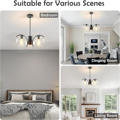3-Light Black Chandelier with Downward Arched Arms, Modern Farmhouse Pendant Light Fixture with Clear Glass Globe Shades, Ceiling Lighting for Dining Room, Bedroom and Foyer