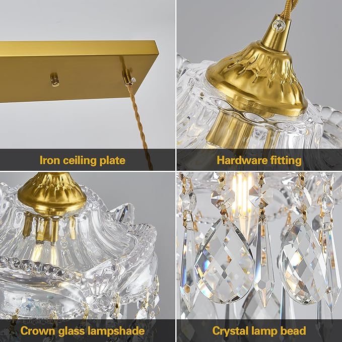 3-Light Brass Vintage Glass Pendant, Crystal Pendant Light, Adjustable Height Lighting for Kitchen Island, Dining Room, Farmhouse, Living Room(Long Chassis)