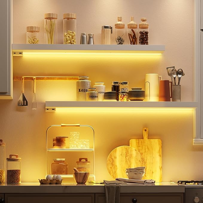 BAMEOS Floating Shelves with Lights, 35" White Wall Mounted Wood Shelves with Invisible Brackets, Set of 2, Display Wall Shelves Decoration for Bedroom, Bathroom, Living Room, Kitchen Storage