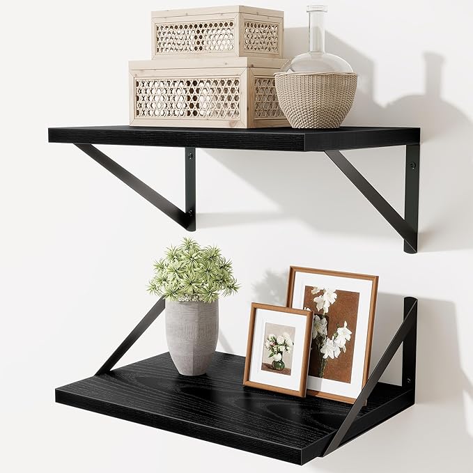 Acovy Deep Floating Shelves,16" Wx10 D Floating Shelves for Wall Set of 2,Heavy Duty Wood Floating Shelf with Metal Bracket,Wall Mounted Hanging Shelf for Living Room Bedroom Bathroom Kitchen,Black