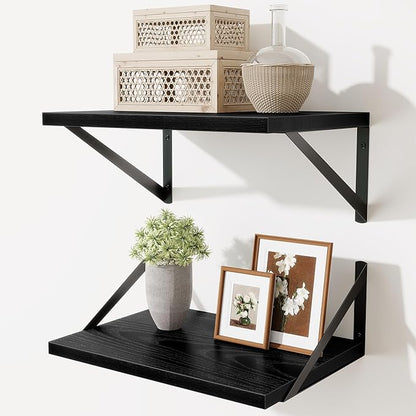 Acovy Deep Floating Shelves,16" Wx10 D Floating Shelves for Wall Set of 2,Heavy Duty Wood Floating Shelf with Metal Bracket,Wall Mounted Hanging Shelf for Living Room Bedroom Bathroom Kitchen,Black