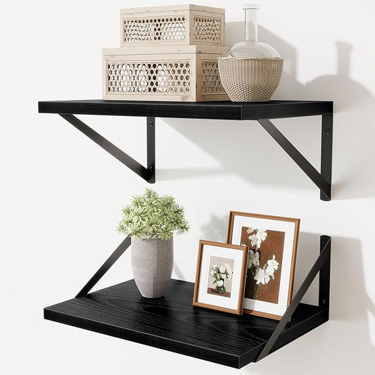 Acovy Deep Floating Shelves,16" Wx10 D Floating Shelves for Wall Set of 2,Heavy Duty Wood Floating Shelf with Metal Bracket,Wall Mounted Hanging Shelf for Living Room Bedroom Bathroom Kitchen,Black