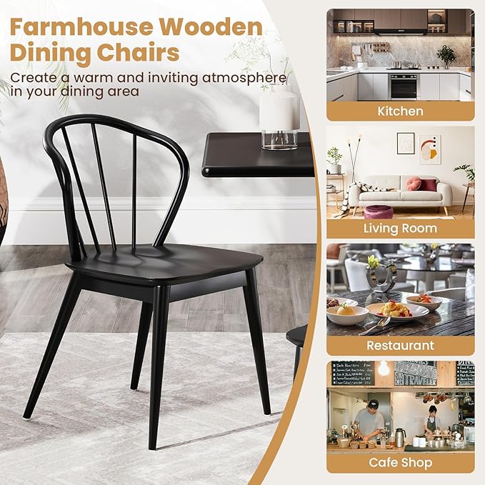 Giantex Wooden Dining Chairs Set of 4, Black Windsor Kitchen Chair w/High Spindle Back & Rubber Wood Legs, Wide Seat & Curved Backrest, Farmhouse Side Chairs, Armless Accent Chair for Home Restaurant