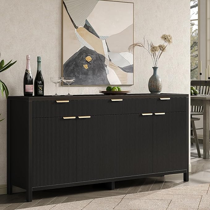 Yanosaku 66" W Fluted Buffet Cabinet, Sideboard Storage Cabinet with 3 Drawers & 2 Cabinets, Mid-Century Coffee Bar Table for Living Room, Black
