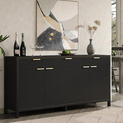 Yanosaku 66" W Fluted Buffet Cabinet, Sideboard Storage Cabinet with 3 Drawers & 2 Cabinets, Mid-Century Coffee Bar Table for Living Room, Black