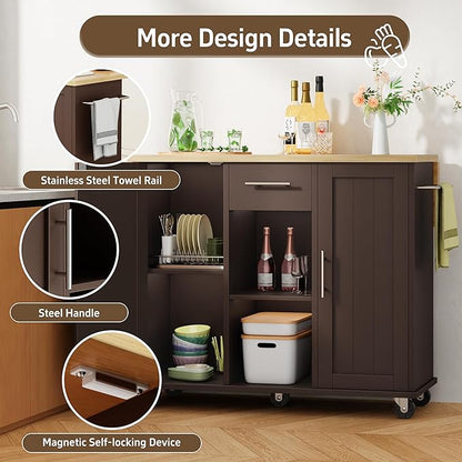 Shintenchi Kitchen Island with Storage, Bar Cart Cabinet Island Table on Wheels, Rolling Microwave Cart for Kitchen with Drop Leaf, Drawers, Towel Rack, Seating Area for Dining Room, Brown