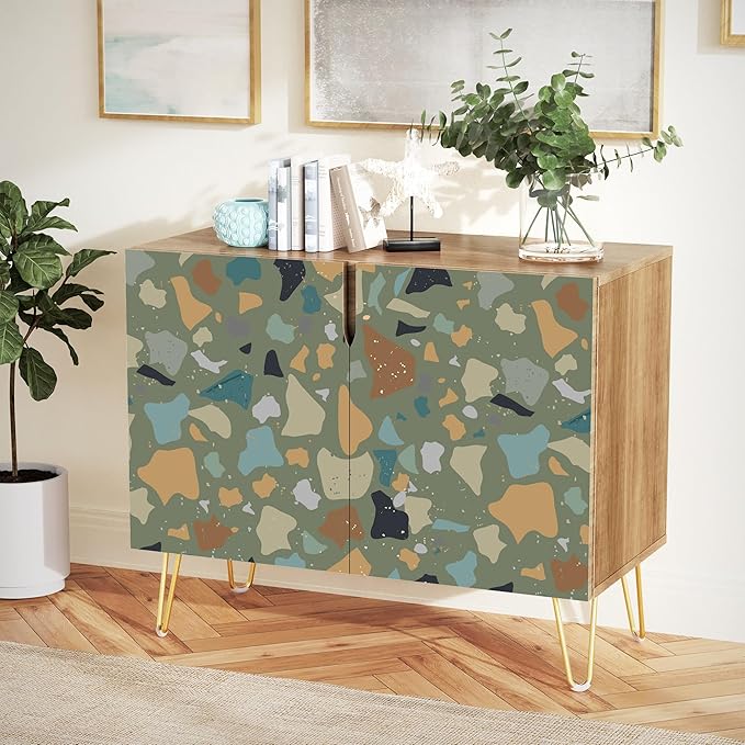 SIGNWIN Sideboard Buffet Cabinet, Kitchen Storage Cabinet with 2 Doors, Vibrant Fractal Marble Rock Pattern, Cupboard Console Table for Dining Room - 35" L x 18" W x 29" H