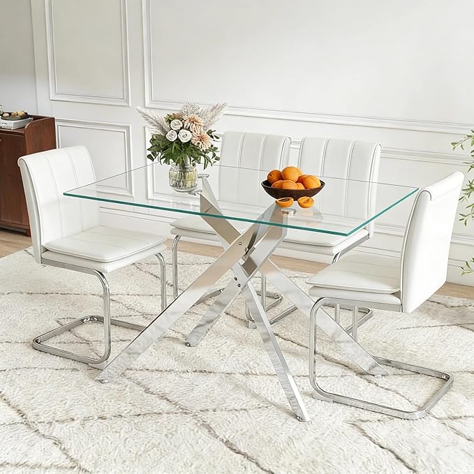 51.18" Rectangular Glass Dining Table, Tempered Glass Small Kitchen Table with Metal Tubular Legs, Stylish and Sturdy Silver Dinner Table for Home and Outdoor