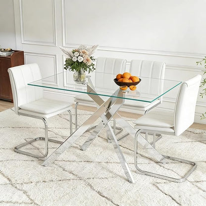 51.18" Rectangular Glass Dining Table, Tempered Glass Small Kitchen Table with Metal Tubular Legs, Stylish and Sturdy Silver Dinner Table for Home and Outdoor