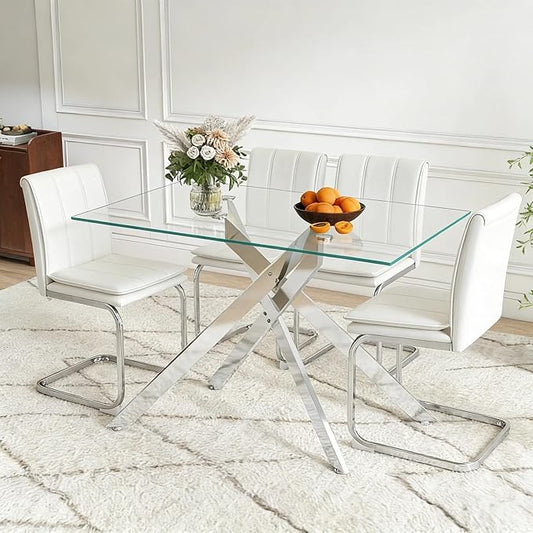 51.18" Rectangular Glass Dining Table, Tempered Glass Small Kitchen Table with Metal Tubular Legs, Stylish and Sturdy Silver Dinner Table for Home and Outdoor