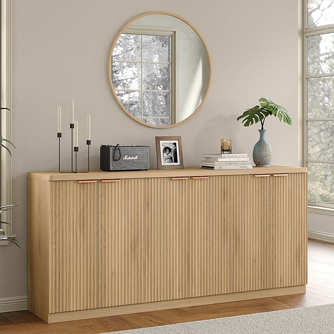 Yanosaku 70" Large Buffet Sideboard Cabinet, Fluted Cabinet 6 Doors, Buffet Table Coffee Bar Wine Bar Storage Cabinet for Dining Room, Living Room