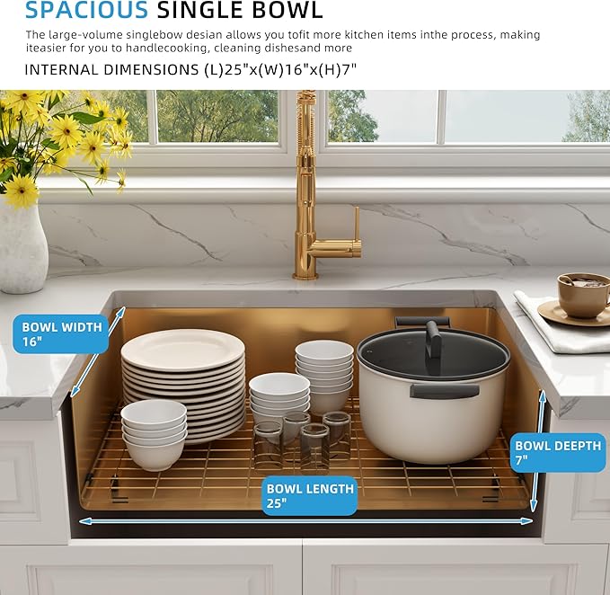 Kitsitchen Gold RV Kitchen Sink 25 Inch,18 Gauge Stainless Steel Single Bowl Gold Undermount Kitchen Sink, 7 Inch Depth RV Sinks with Strainer & Bottom Gird, Outdoor Camper Prep Sinks(25" x 16" x 7")