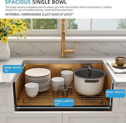 Kitsitchen Gold RV Kitchen Sink 25 Inch,18 Gauge Stainless Steel Single Bowl Gold Undermount Kitchen Sink, 7 Inch Depth RV Sinks with Strainer & Bottom Gird, Outdoor Camper Prep Sinks(25" x 16" x 7")