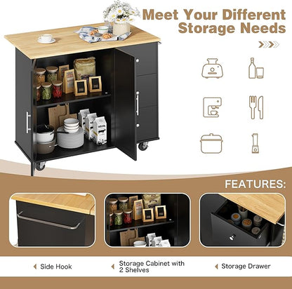 Shintenchi Kitchen Island with Folding Drop Leaf, Rolling Island Table with Storage, Kitchen Cabinet on Wheels with Seating Area for Kitchen, Bar Cart with Cabinet, Black