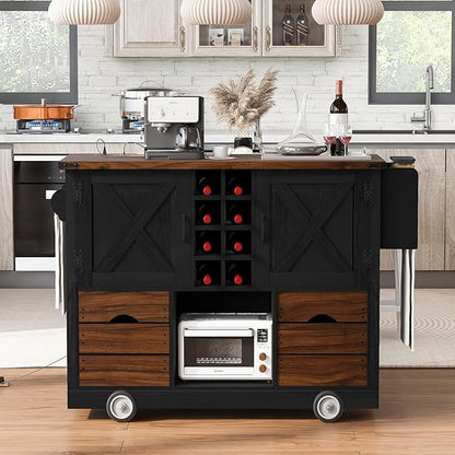 54" Farmhouse Kitchen Island Table with Drop Leaf, Power Outlet, Kitchen Storage Cart with 2 Doors, 2 Drawers, Rolling Kitchen Island on 4 Large Wheels with Spice Rack for Kitchen, Dining Room, Black