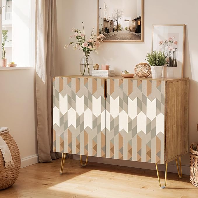 SIGNWIN Sideboard Buffet Cabinet, Kitchen Storage Cabinet with 2 Doors, Gray & Brown Geometric Polygons, Cupboard Console Table for Dining Room - 35" L x 18" W x 29" H