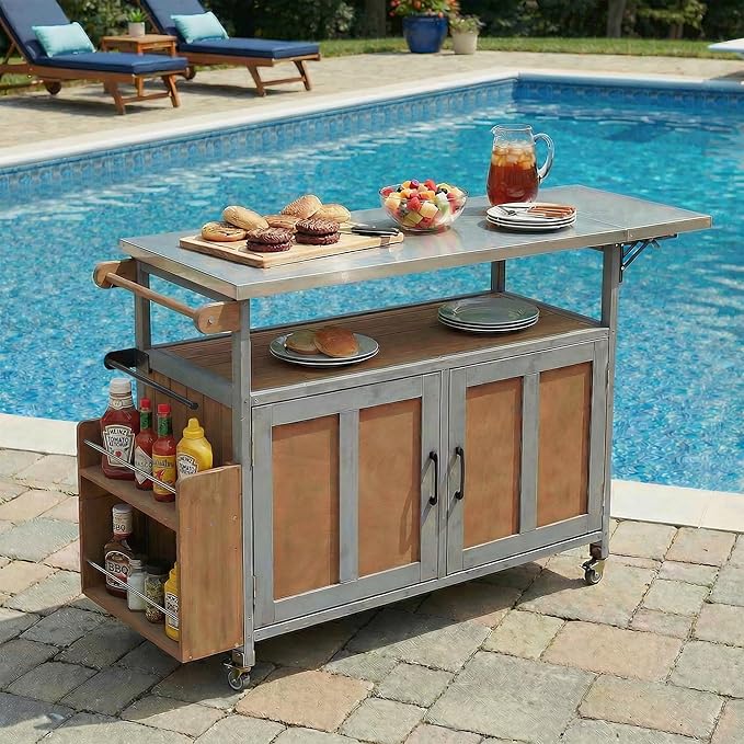 MERITLINE Foldable Outdoor Kitchen Island with Stainless Steel Top & Fir Wood Frame, Adjustable Hidden Shelf & Two-Tier Rack, Lockable Casters for Patio, Garden, Balcony, Espresso + Grey