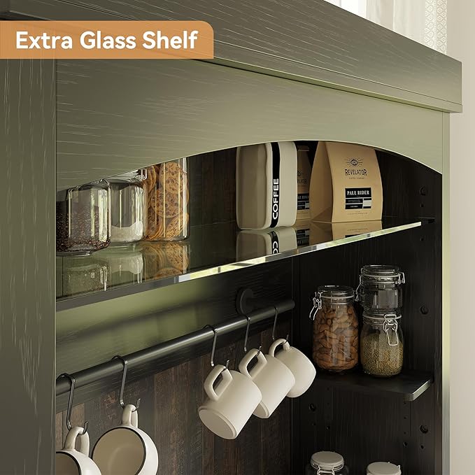 GarveeHome Coffee Bar Cabinet with LED Lights 72 in Tall Buffet Cabinet with Storage Farmhouse Kitchen Sideboard Tall Coffee Hutch with Microwave Stand/Wine Rack/Glass Shelf Dining Room (Black Oak)