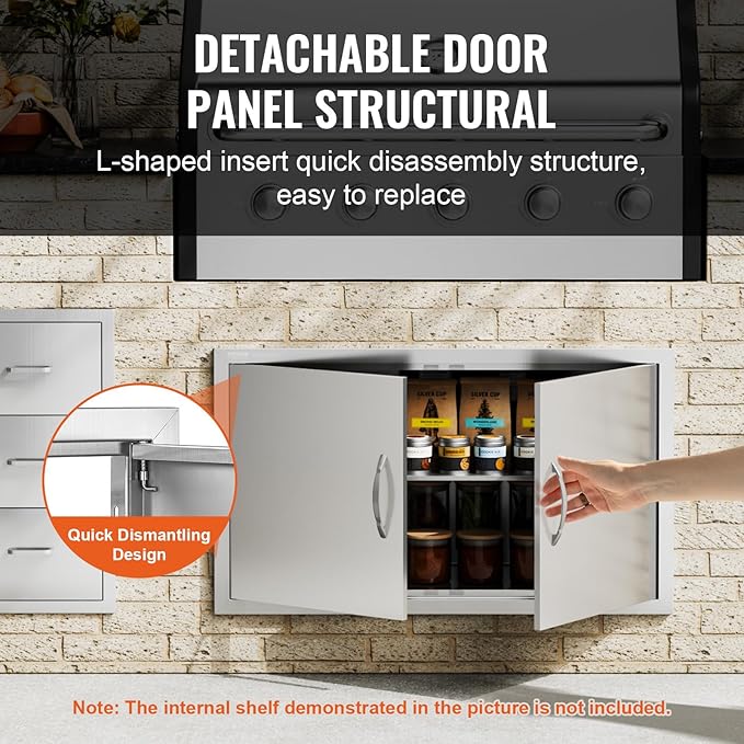 VEVOR BBQ Access Door, 36W x 21H Inch Double Outdoor Kitchen Door, Stainless Steel Flush Mount Door, Wall Vertical Door with Handles, for BBQ Island, Grilling Station, Outside Cabinet, Silver