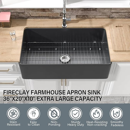 Extra Large Black Farmhouse Sink 36 x 20 Inch, Firecaly Apron Front Undermount Farm Sink Deep Single Bowl for Kitchen, w Accessories 2 Types, Fits MIN. Cabinet Size: 24"Dx39"W