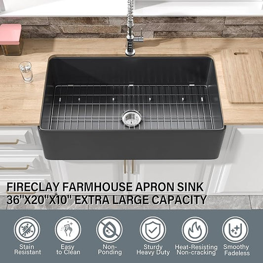 Extra Large Black Farmhouse Sink 36 x 20 Inch, Firecaly Apron Front Undermount Farm Sink Deep Single Bowl for Kitchen, w Accessories 2 Types, Fits MIN. Cabinet Size: 24"Dx39"W