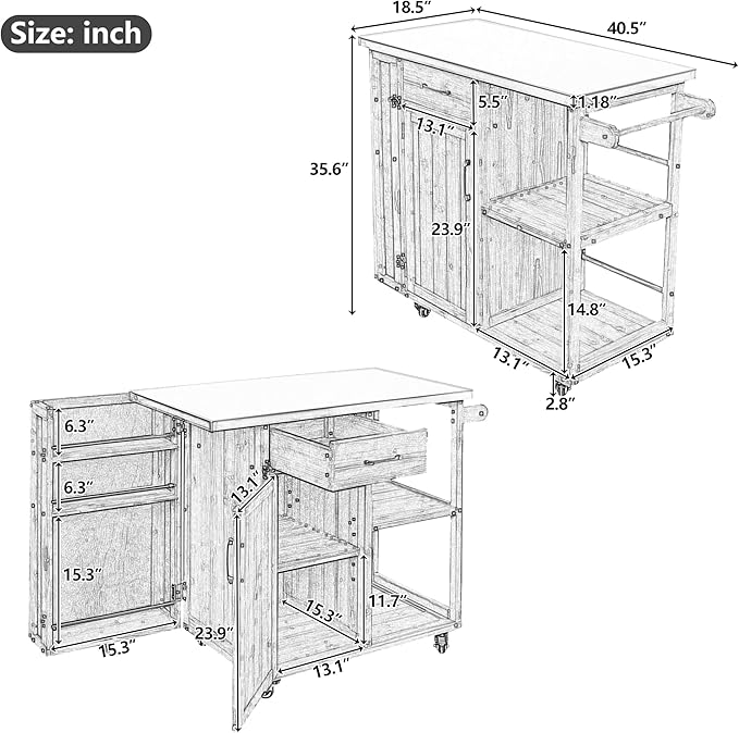 JIJIWANG 35.6" Outdoor Kitchen Island with Stainless Steel Top and Towel and Spice Racks, Rolling Kitchen Island with Storage for Small Spaces Patio Grey