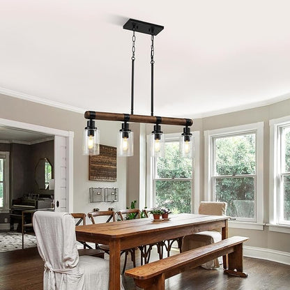 Dining Room Chandelier Over Table, 4-Light Farmhouse Kitchen Island Lighting, Matte Black Rustic Wood Chandelier with Clear Glass Shade, Ceiling Pendant Light Fixture for Kitchen