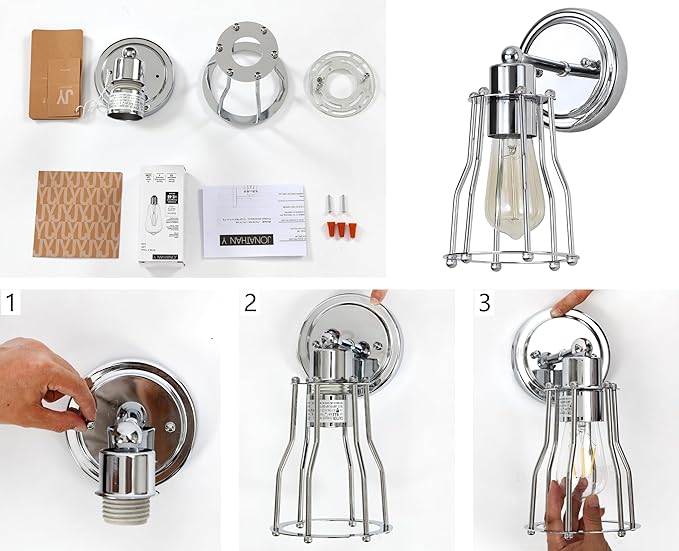 JONATHAN Y 5.13" Chrome Modern Industrial Metal Vanity Light, Bathroom Sconce for Mirror, Reversible 1-Light Wall Lamp with Metal Cage Shade for Hallway, LED Bulb Included JYL7415A
