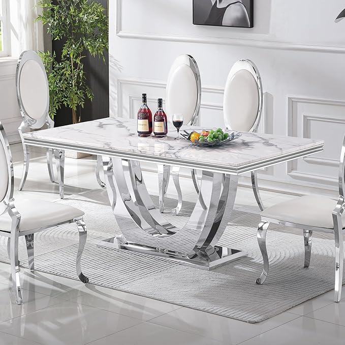 Modern Dining Table for 6-8, 68 Inch White Marble Kitchen Table with Silver Mirrored U-Shape Base, Luxurious Rectangular Faux Marble Dining Room Table for Dining Room,Living Room