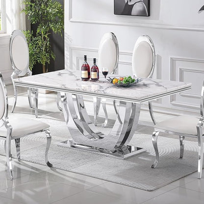 Modern Dining Table for 6-8, 68 Inch White Marble Kitchen Table with Silver Mirrored U-Shape Base, Luxurious Rectangular Faux Marble Dining Room Table for Dining Room,Living Room