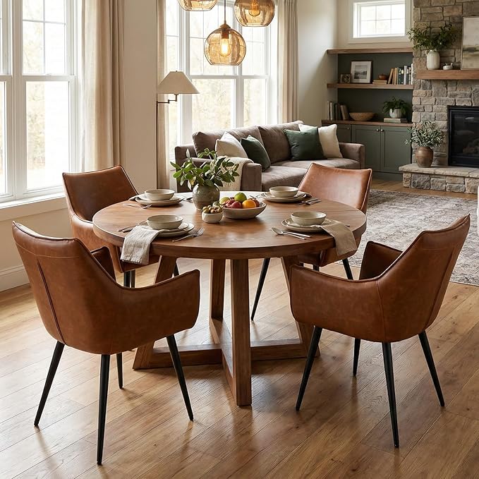 Brown PU Leather Chair, Upholstered Dining Room Chairs with Arms Set of 4 Mid Century Modern Kitchen Chair with Black Metal Legs Comfy Desk Armchair for Restaurant