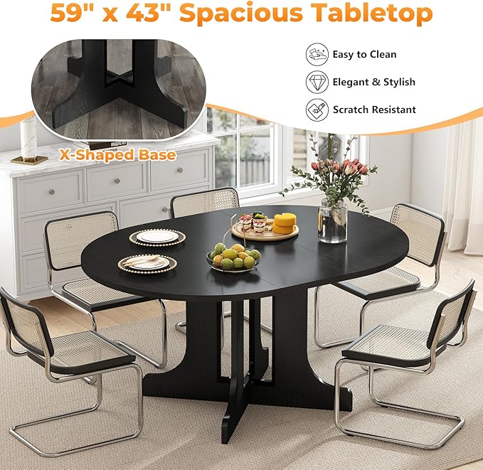 Zevemomo 43"-59" Extendable Dining Room Table for 4-6, Expandable Round Dining Table, Oval Tabletop with Trestle X-Shaped Base & Metal Track for Office, Living Room-Black