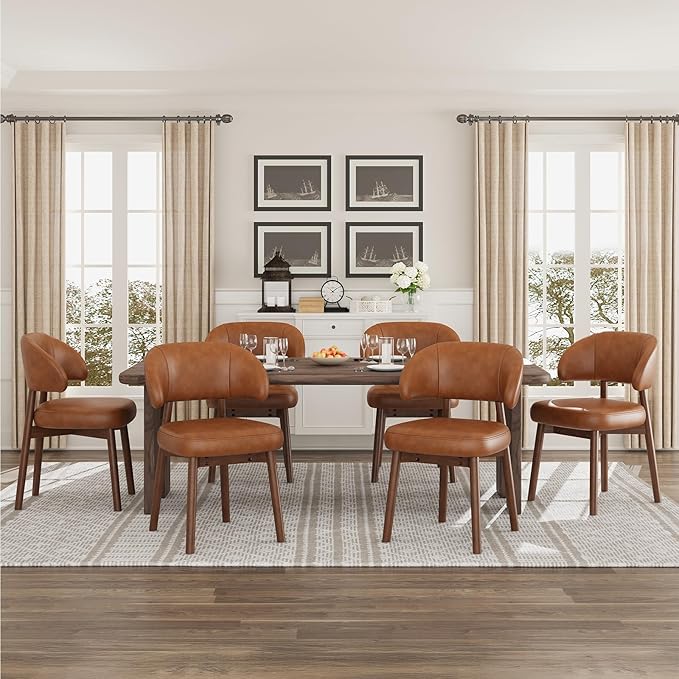MALOL Wooden Dining Chairs Set of 6, Modern Upholstered Dining Room Chair, PU Leather Kitchen Side Chairs with Curved Open Back for Living Room/Restaurant/Cafe, Brown