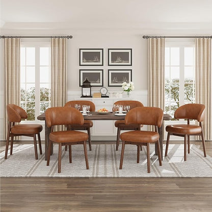 MALOL Wooden Dining Chairs Set of 6, Modern Upholstered Dining Room Chair, PU Leather Kitchen Side Chairs with Curved Open Back for Living Room/Restaurant/Cafe, Brown