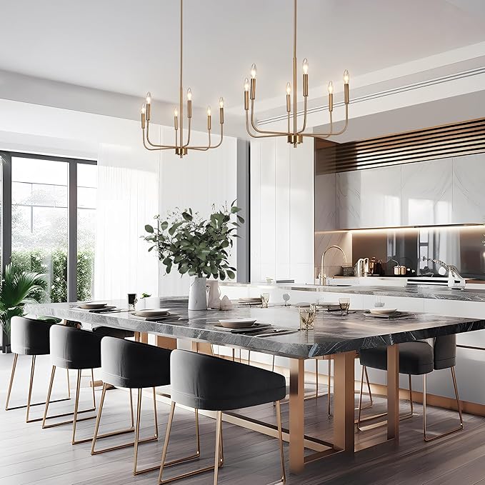 KSANA Modern Gold Chandeliers, 6-Light Chandeliers for Dining Room Electroplated Brass Kitchen Island Lights Hanging Pendant Light for Living Room, Bedroom, Kitchen