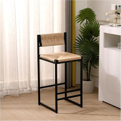 Creamy White，Honey，Gray Paper Rope Woven Stools Set of 2 Hand Weave Counter Chairs with Footrest for Kitchen Island, Dining Room,for Living Room